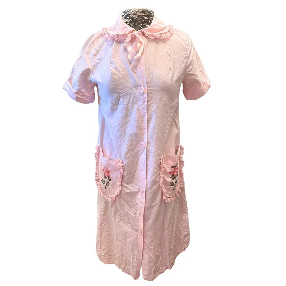 Vintage 1950s Handmade Housecoat Size S Pink Mid Century Modern Coquette Retro